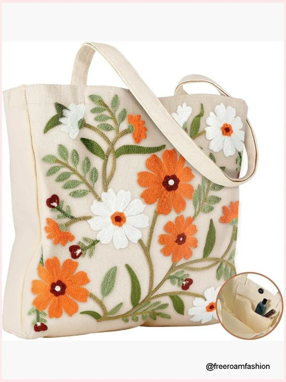 Canvas Tote Bag with Embroidery, Buckle & Pocket - Reusable Grocery Shoulder Bag